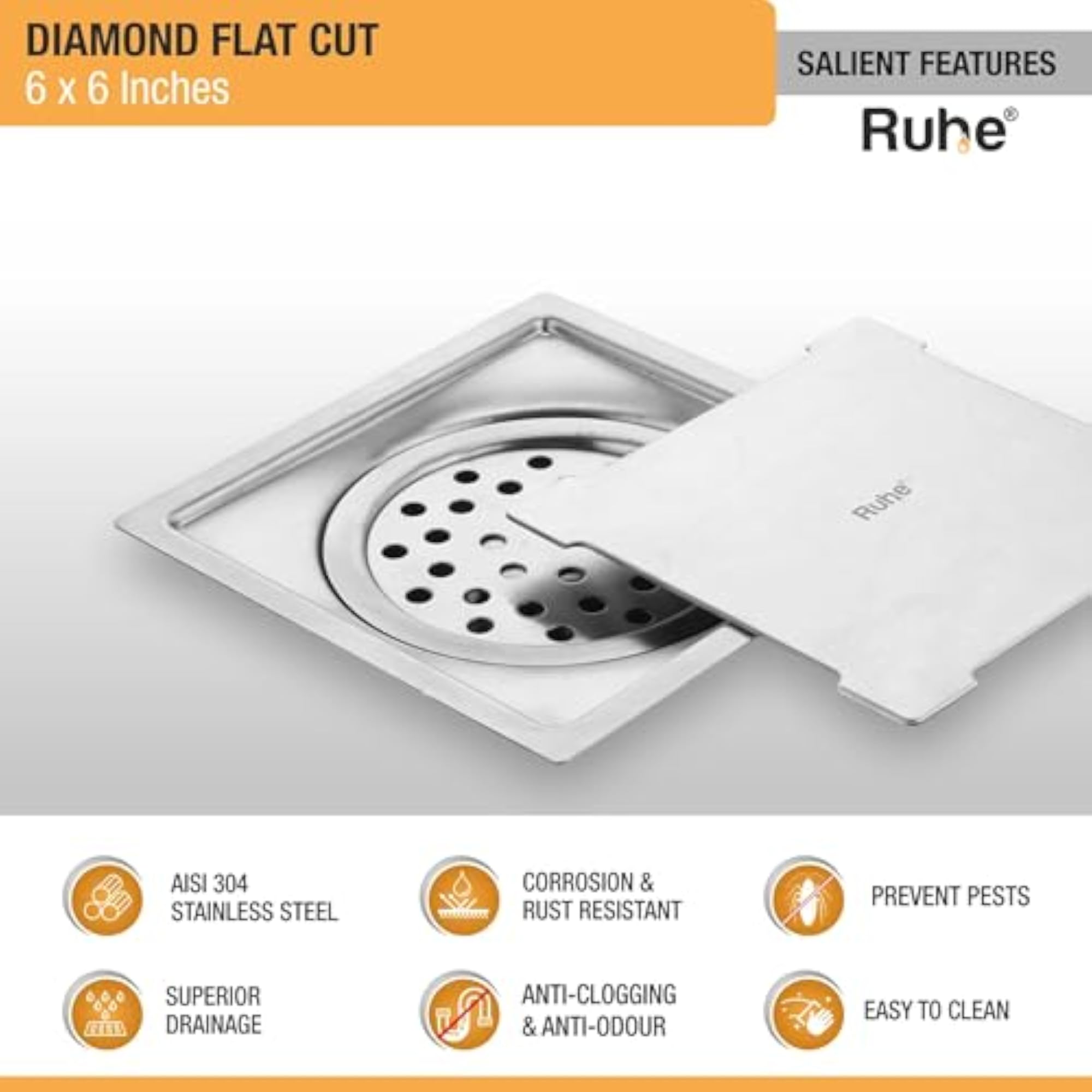 304-Grade Stainless Steel Square Flat Cut Floor Drain
